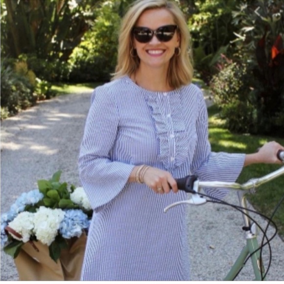 Draper James Blue and White Striped Seersucker Button Up Ruffle Sheath Dress - Picture 2 of 9